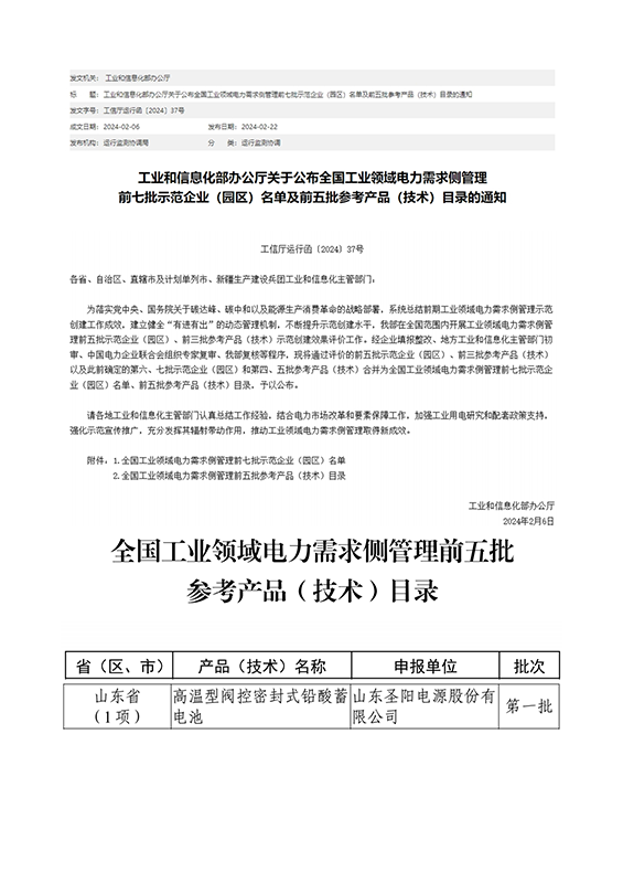 圣阳股份高温型铅蓄电池产品通过全国工业领域电力需求侧管理产品（技术）评价(图1)